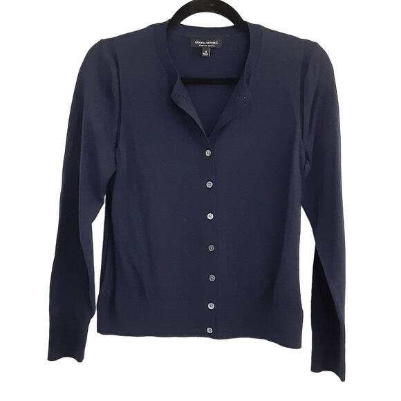 Banana Republic Merino Wool Fitted Cardigan Sweater Small Button Blue Sz M Y2K - Picture 1 of 9